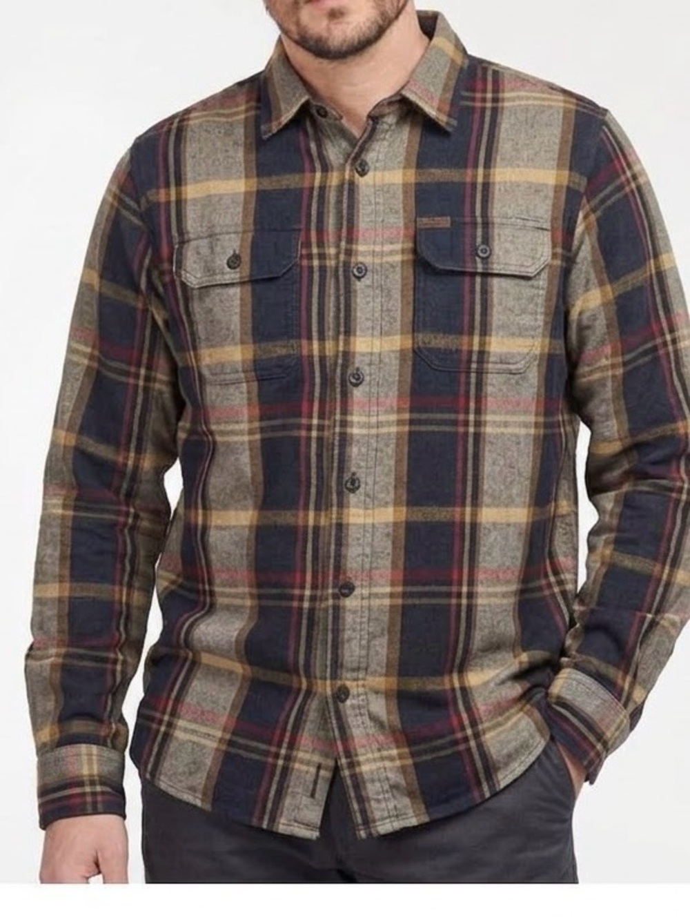 🌲 Orvis Heavyweight 100% Cotton Plaid Flannel Shirt Suede Trim Collar Mens L